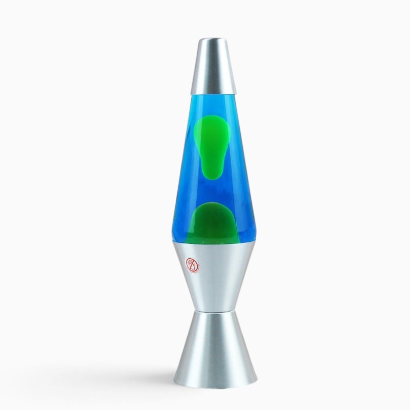 Lampe à lave Lumeoo ERLENOX conique en verre avec liquide bleu et cire verte sur base argentée 36cm