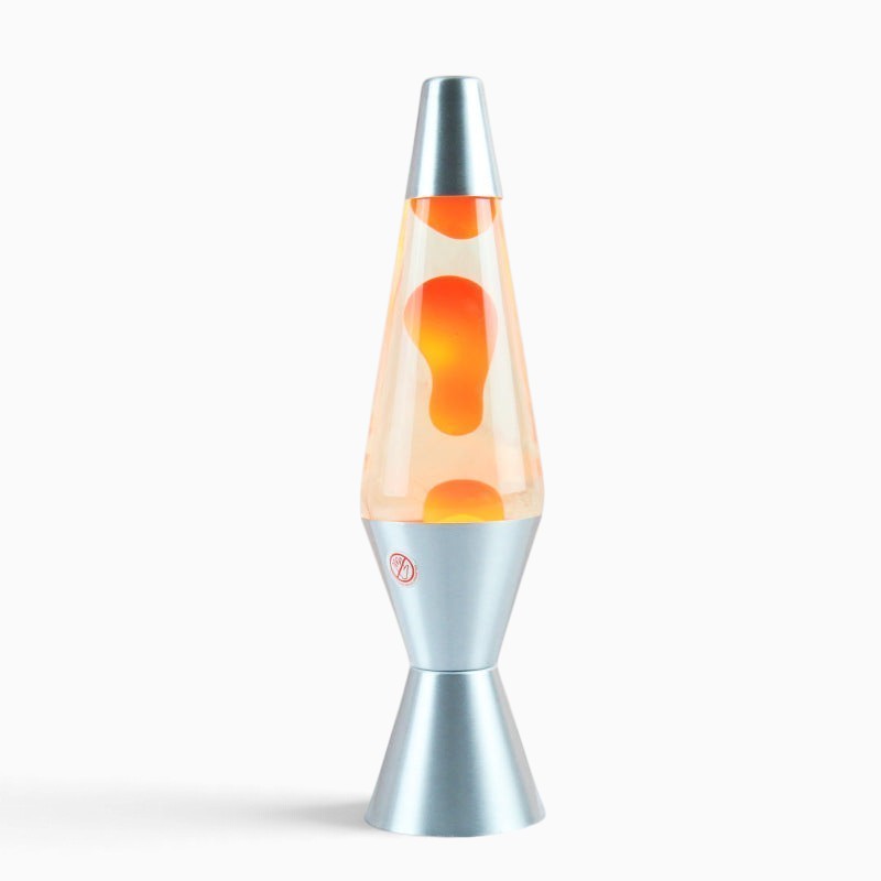 Lampe à lave Lumeoo conique en verre avec liquide orange et base argentée pour une ambiance décorative apaisante