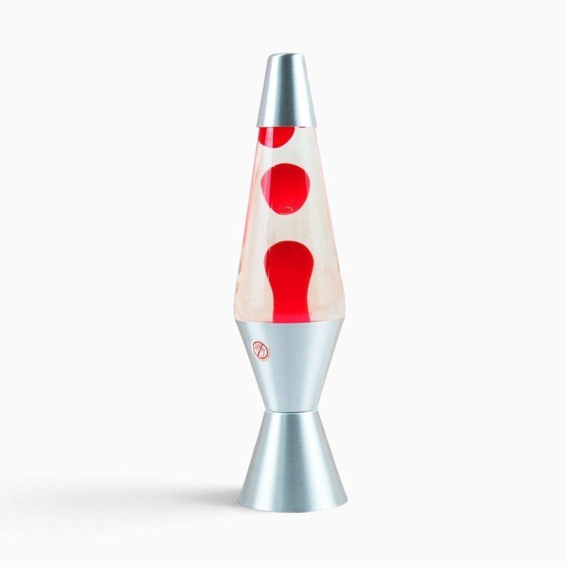 Lampe à lave Lumeoo ERLENOX à fiole conique en verre avec cire rouge et base argentée pour une ambiance relaxante