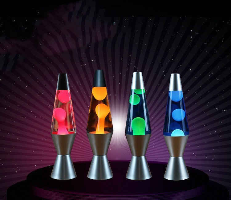 Quatre lampes à lave Lumeoo en verre avec fiole conique, couleurs rose, orange, vert et bleu, style décoratif rétro.