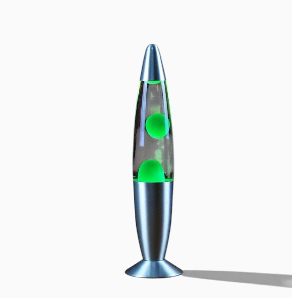 Lampe à lave Lumeoo Vulcano 33cm avec cire verte fluorescente et base en métal argenté pour une ambiance rétro