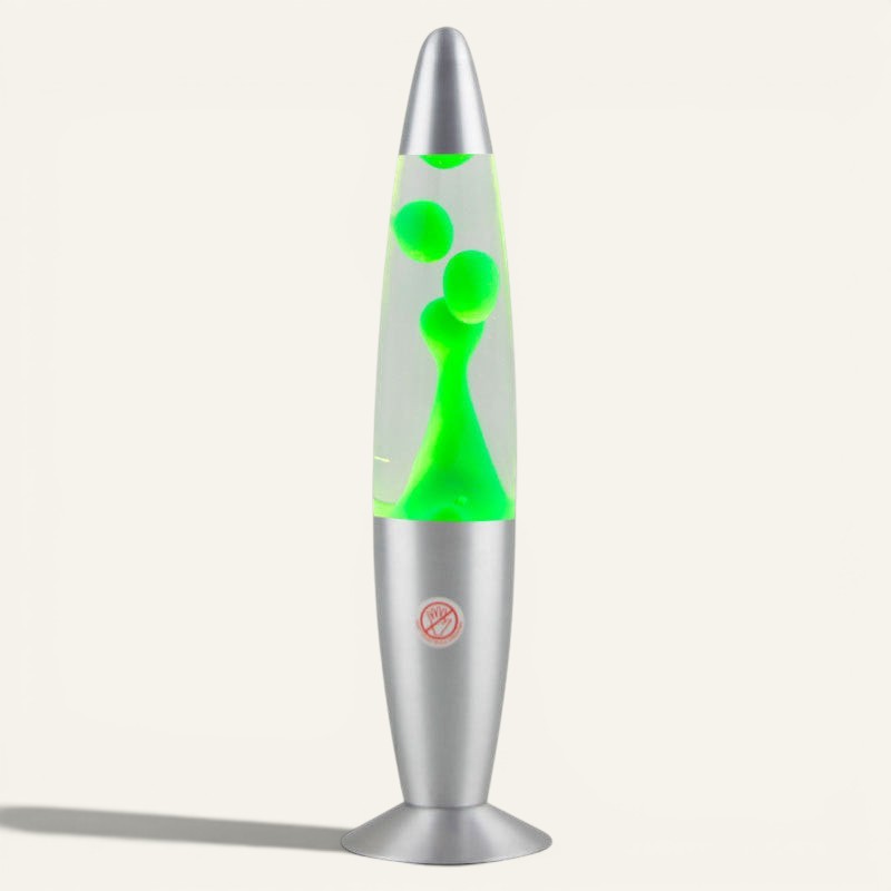 Lampe à lave Lumeoo Vulcano 33cm avec cire verte, base et capuchon en métal argenté pour une ambiance rétro relaxante.