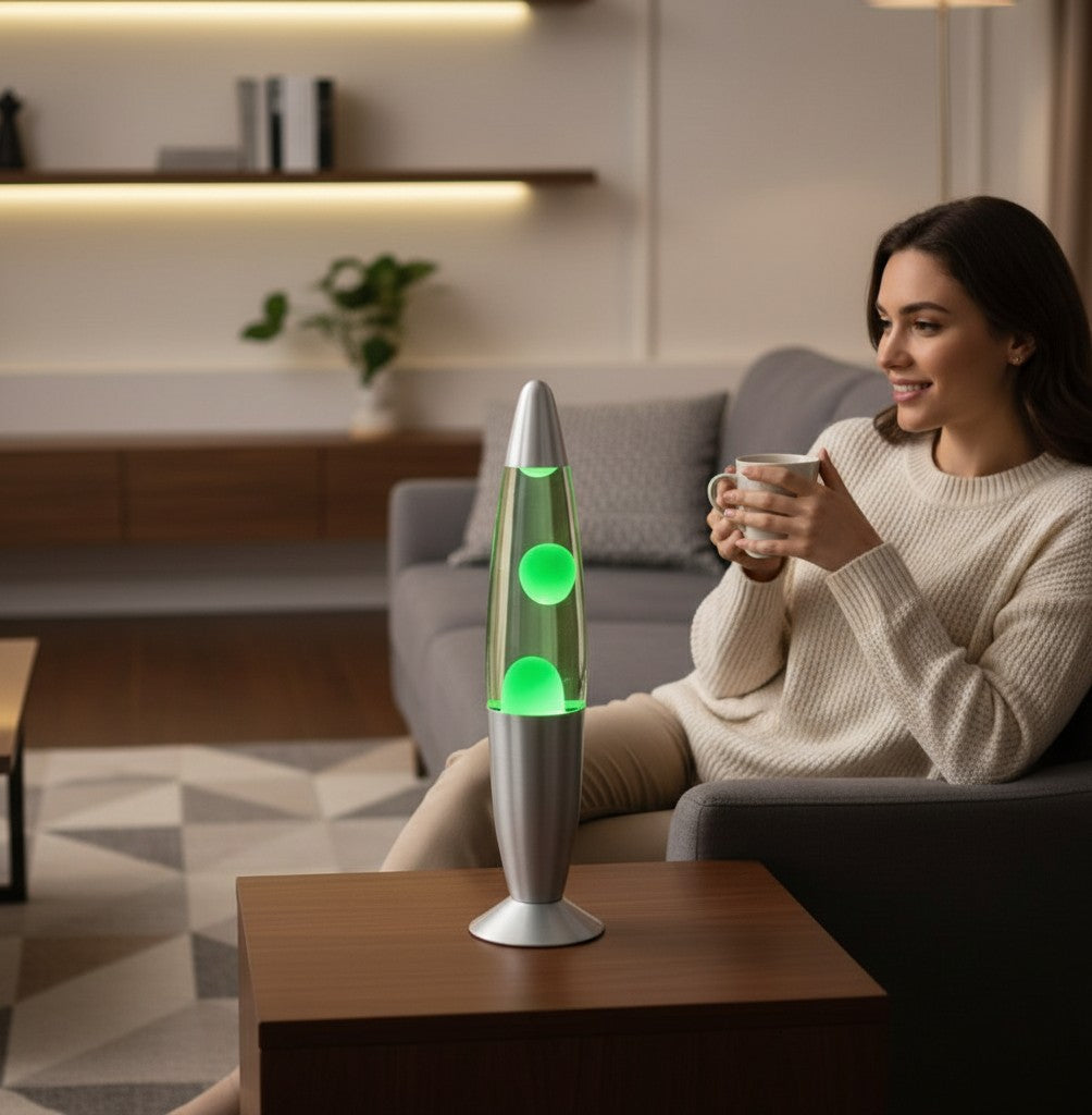 Femme souriante avec une tasse près d'une lampe à lave Lumeoo verte et argentée de 33cm dans un salon cosy.