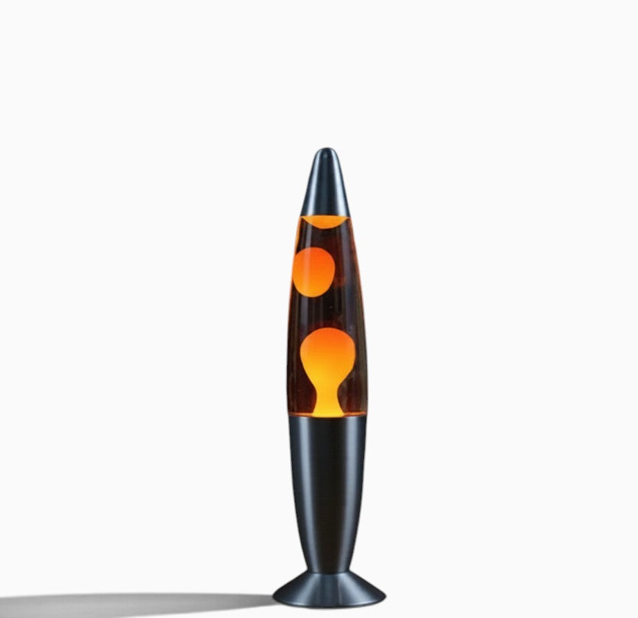 Lampe à lave Lumeoo Vulcano 33cm avec cire orange et base en métal gris pour une ambiance rétro et apaisante