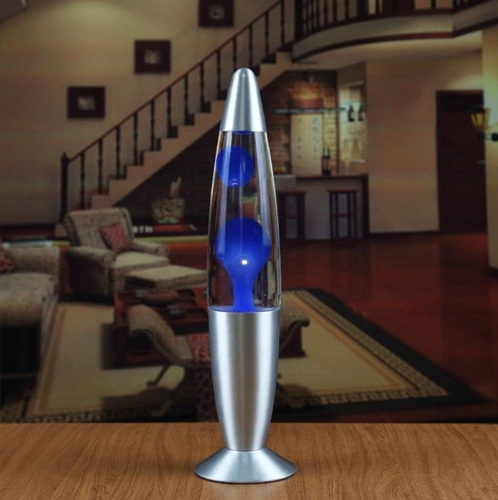 Lampe à lave Lumeoo VULCANO 33cm avec cire bleue, base et sommet en métal argenté pour une ambiance rétro relaxante.