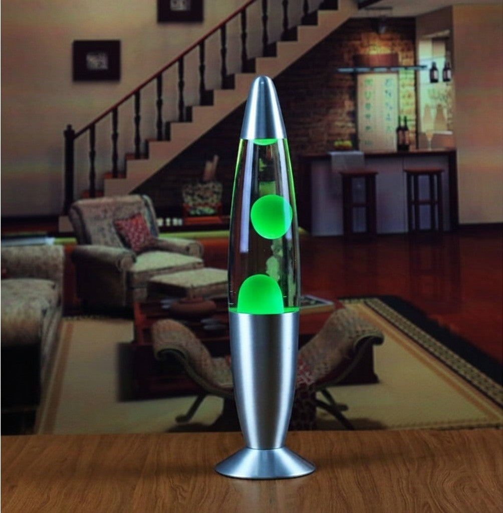 Lampe à lave Lumeoo Vulcano 33cm avec cire verte et base en métal argenté pour une ambiance rétro et apaisante.