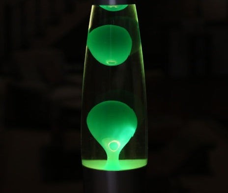 Lampe à lave Lumeoo Vulcano 33cm avec cire verte hypnotique dans un cylindre en verre et base en métal noir