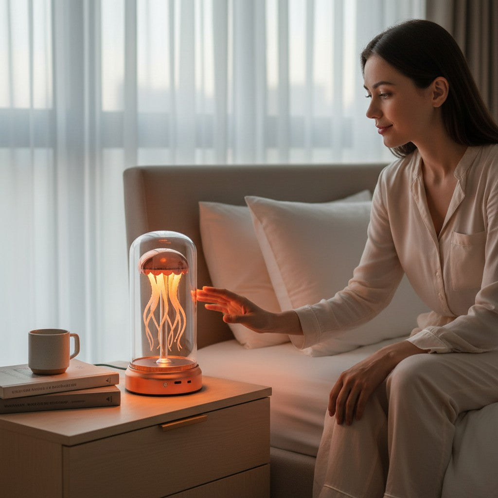 Lampe d'ambiance méduse Lumeoo avec lueur orange douce sur une table de chevet près d'une femme détendue Image
