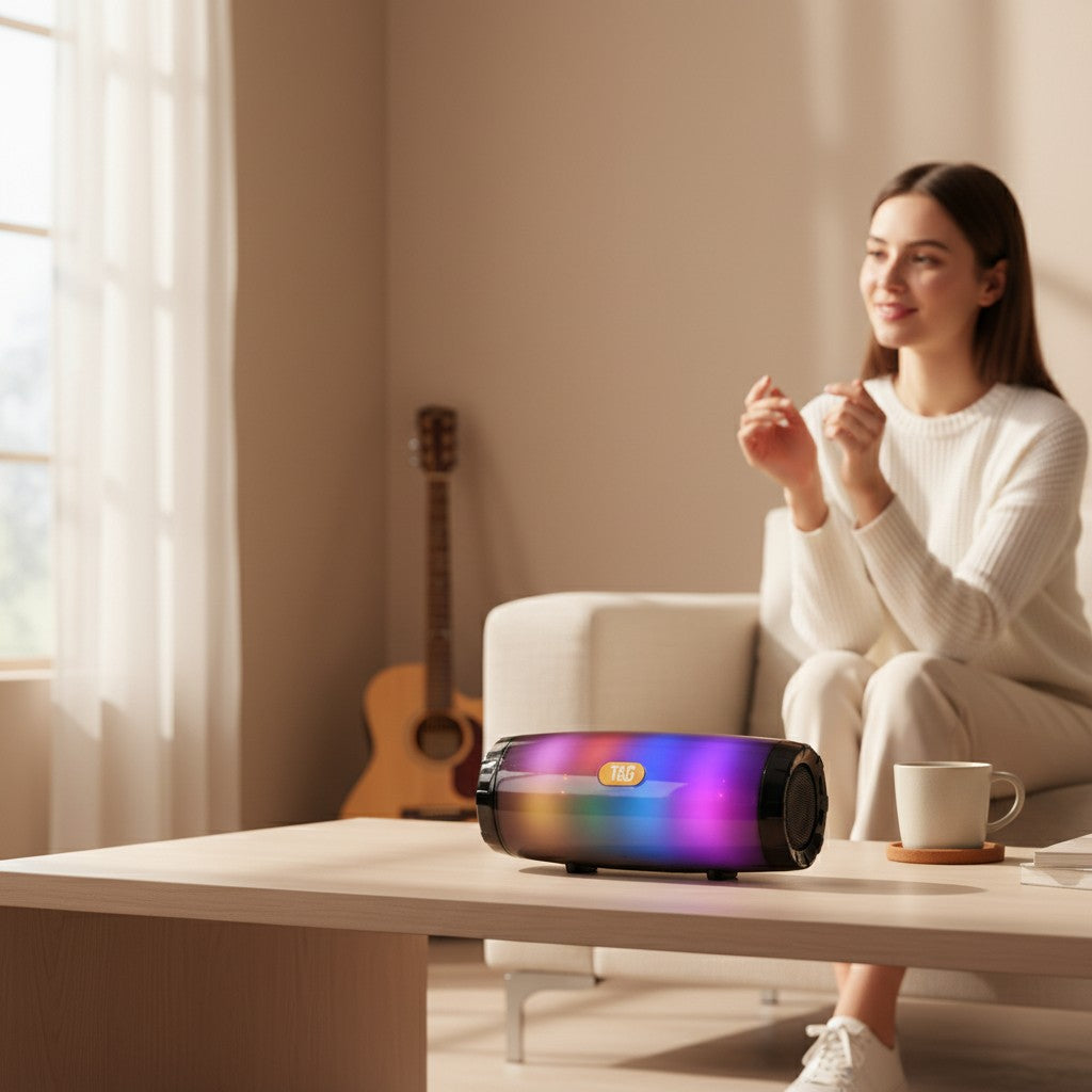 Lampe ambiance Lumeoo SONOLUX RGB Bluetooth portable sur une table avec une femme souriante en arrière-plan