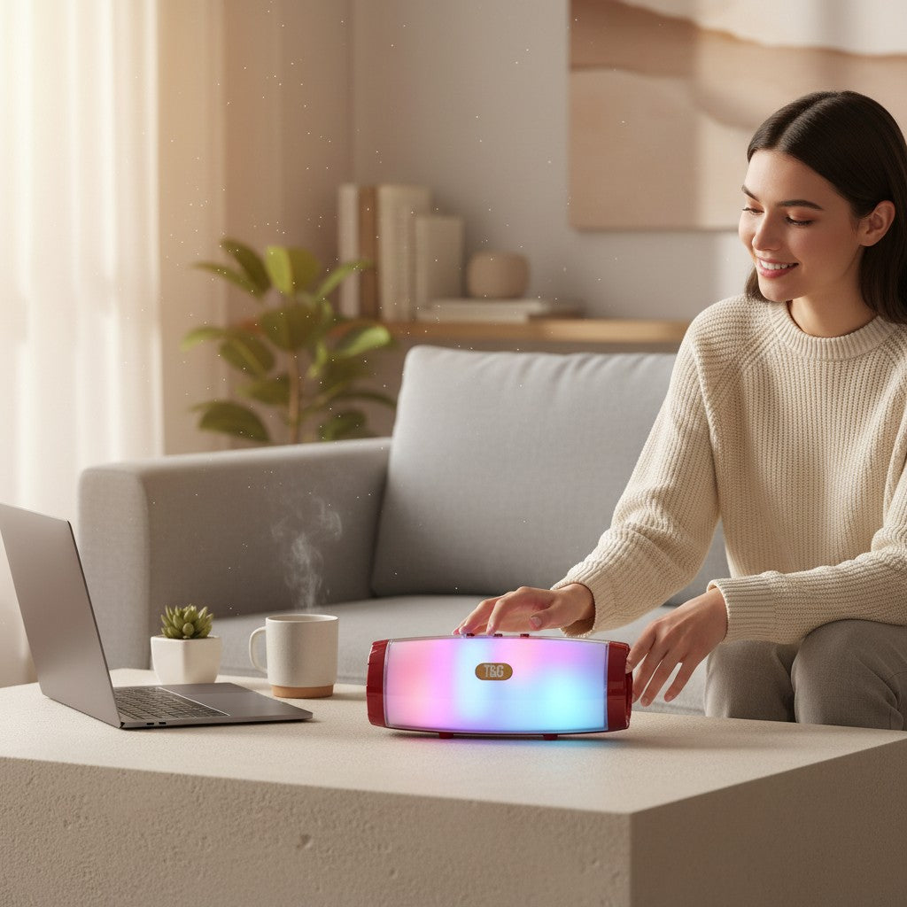 Femme souriante utilisant la lampe d'ambiance Lumeoo SONOLUX RGB Bluetooth portable sur une table de salon moderne.