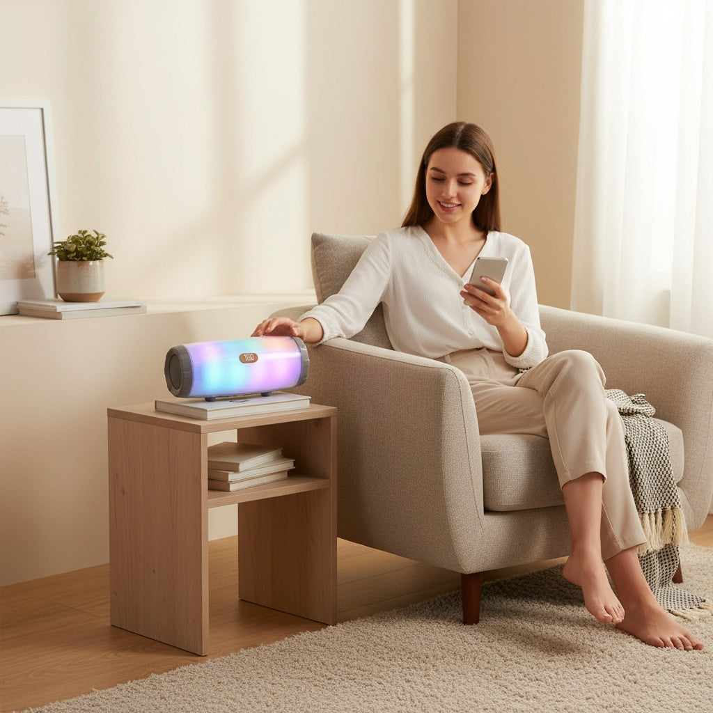 Femme utilisant la lampe Lumeoo SONOLUX RGB Bluetooth rechargeable dans un salon moderne aux tons neutres.