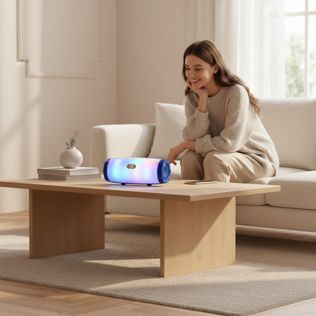 Lampe ambiance Lumeoo SONOLUX RGB Bluetooth multicolore sur une table basse devant une femme souriante dans un salon