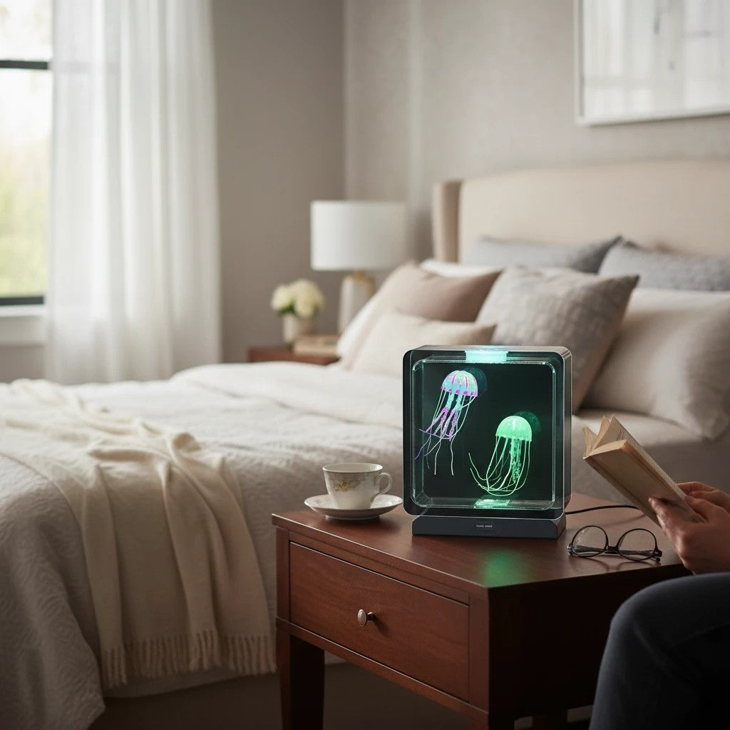 Lampe aquarium méduse Lumeoo avec éclairage LED coloré sur une table de chevet dans une chambre apaisante