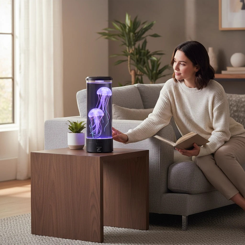 Femme relaxée près d'une lampe aquarium méduse LED Lumeoo à lumière violette apaisante dans un salon cosy.