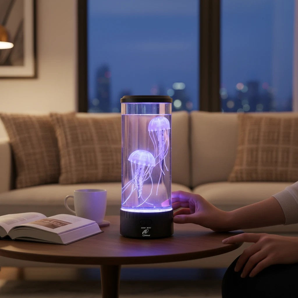 Lampe aquarium méduse LED Lumeoo rechargeable, veilleuse décorative apaisante avec méduses flottantes sur une table.