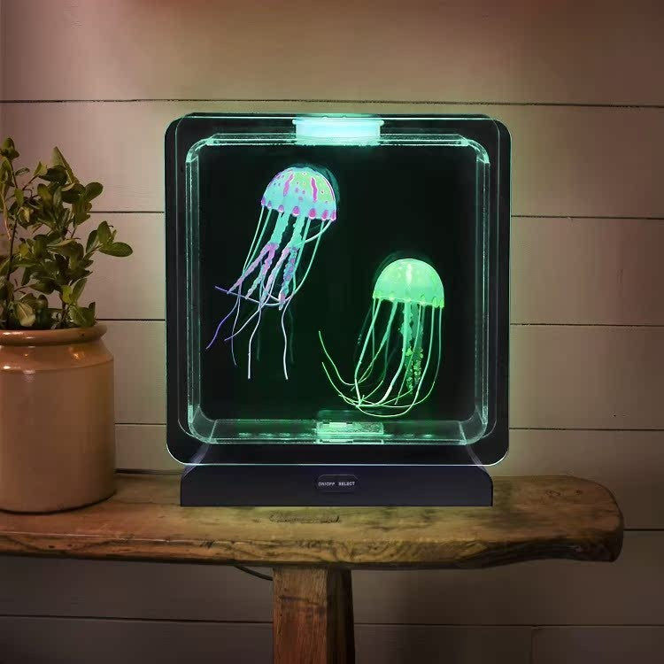 Lampe aquarium méduse Lumeoo avec éclairage LED changeant, deux méduses artificielles dans un réservoir carré moderne