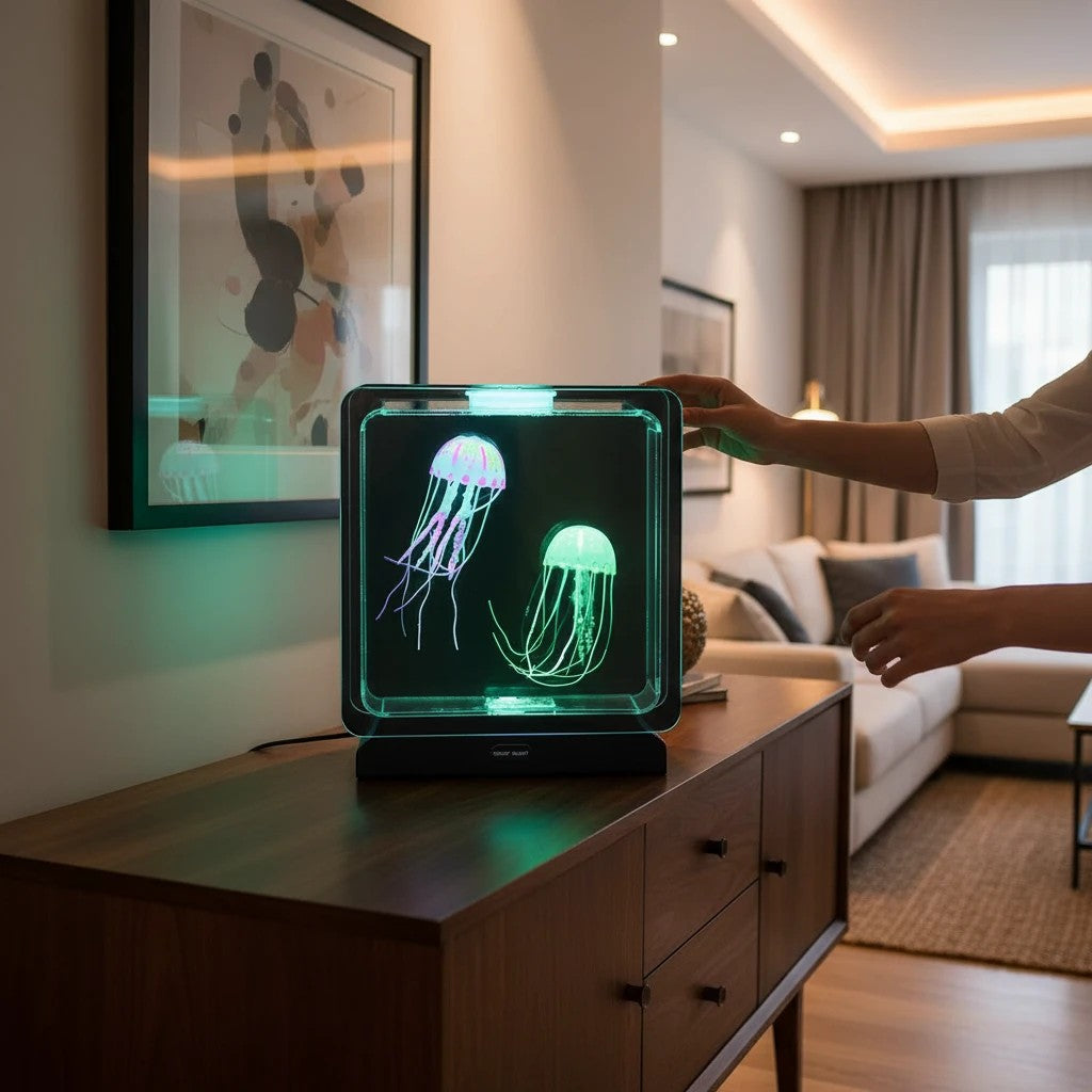 Lampe aquarium méduse Lumeoo avec éclairage LED changeant sur un buffet en bois dans un salon moderne