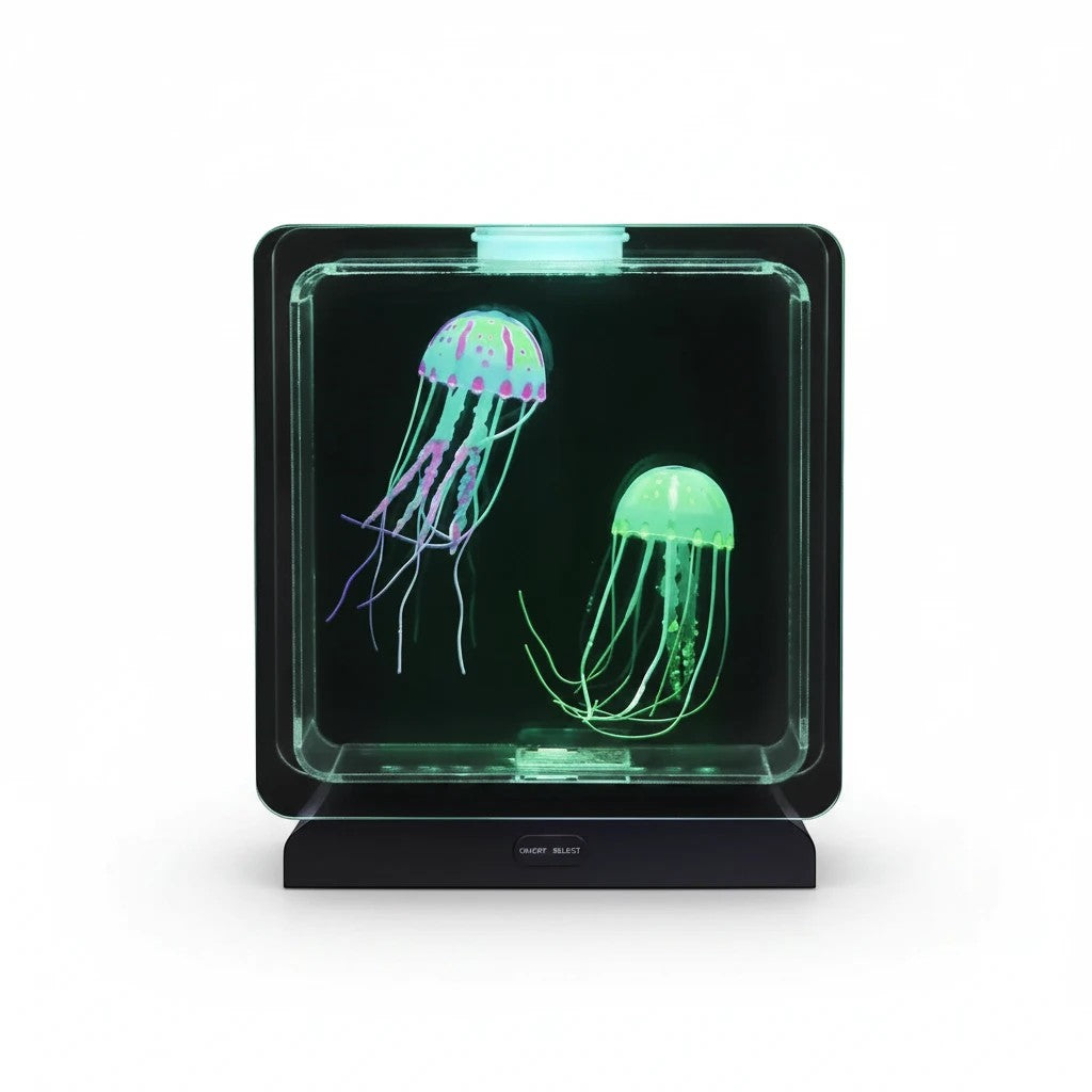 Lampe aquarium méduse Lumeoo avec deux méduses artificielles lumineuses aux couleurs changeantes dans un réservoir carré