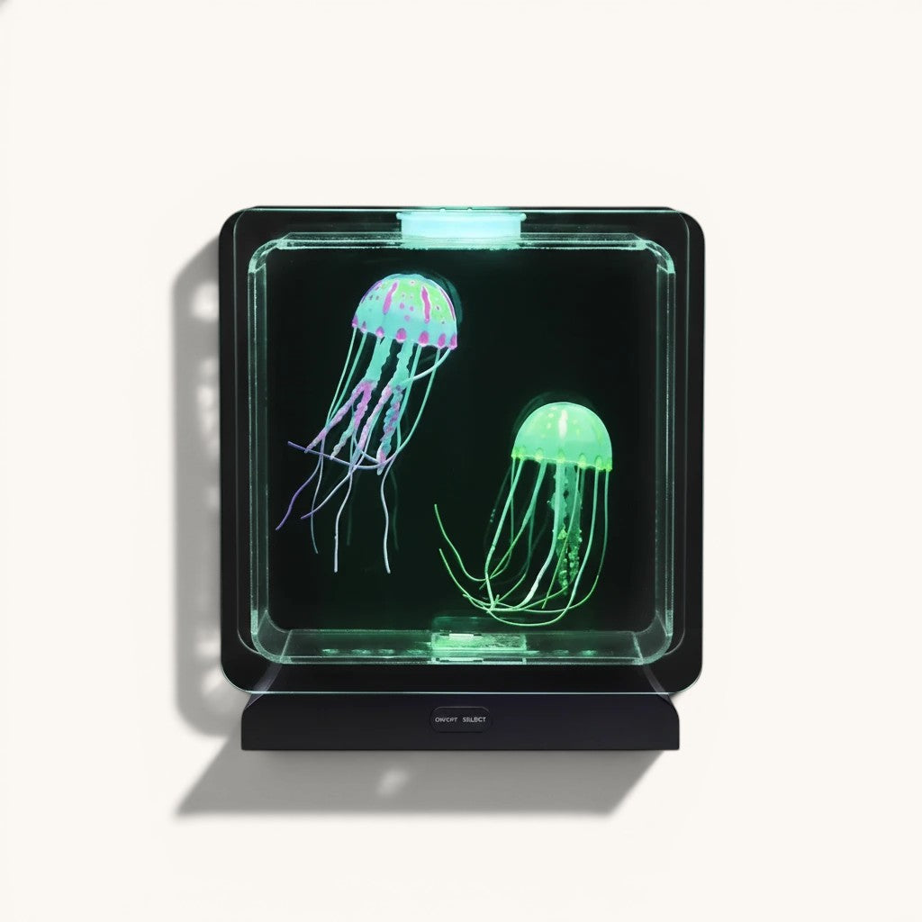 Lampe aquarium méduse Lumeoo avec deux méduses artificielles lumineuses dans un réservoir carré noir à LED