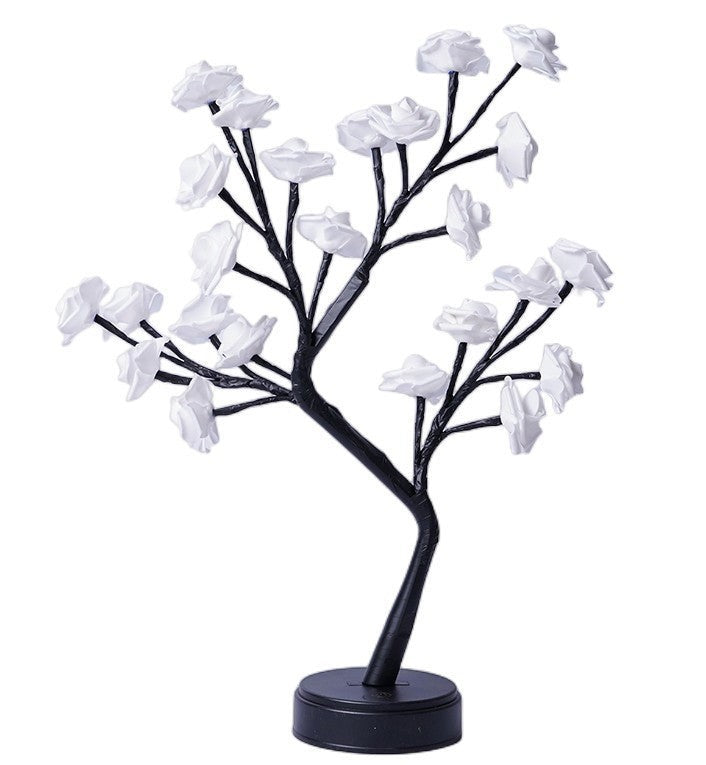 Lampe arbre Lumeoo avec fleurs blanches LED, design poétique pour une décoration de chambre romantique.