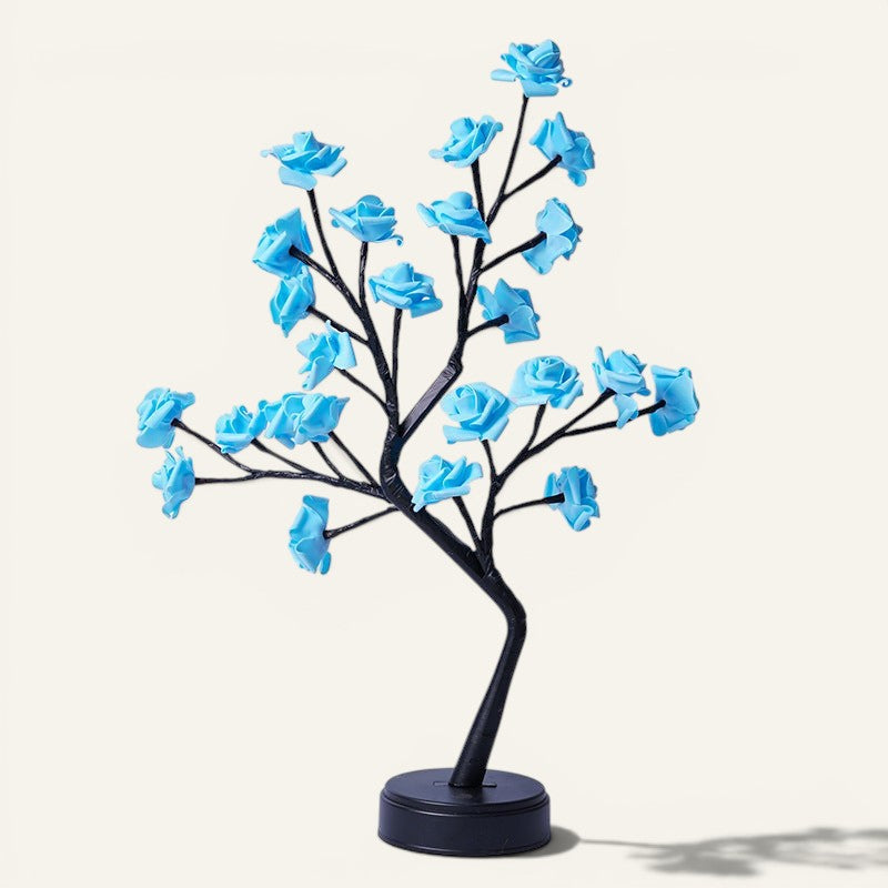 Lampe arbre Lumeoo avec fleurs bleues LED, design décoratif romantique pour chambre, alimentée par USB.