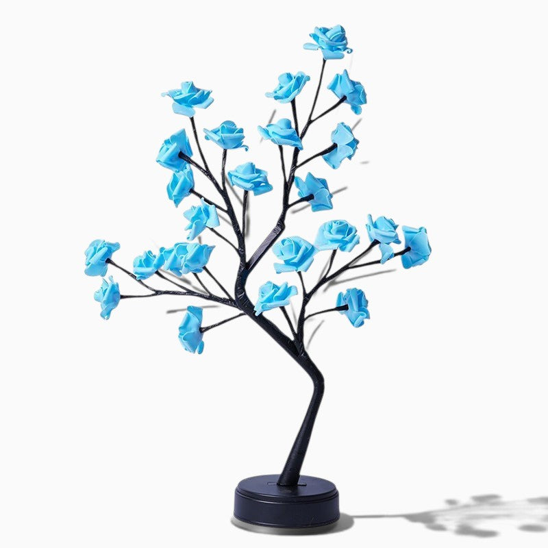 Lampe arbre Lumeoo avec fleurs bleues lumineuses LED sur branches noires pour une décoration romantique