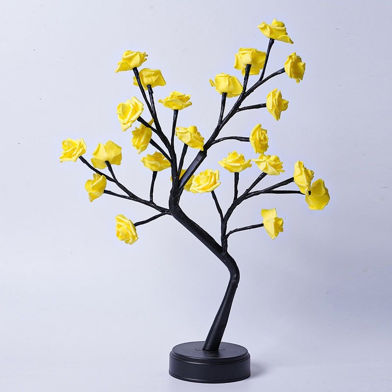 Lampe arbre Lumeoo avec fleurs jaunes LED, design floral décoratif pour une ambiance romantique dans une chambre.