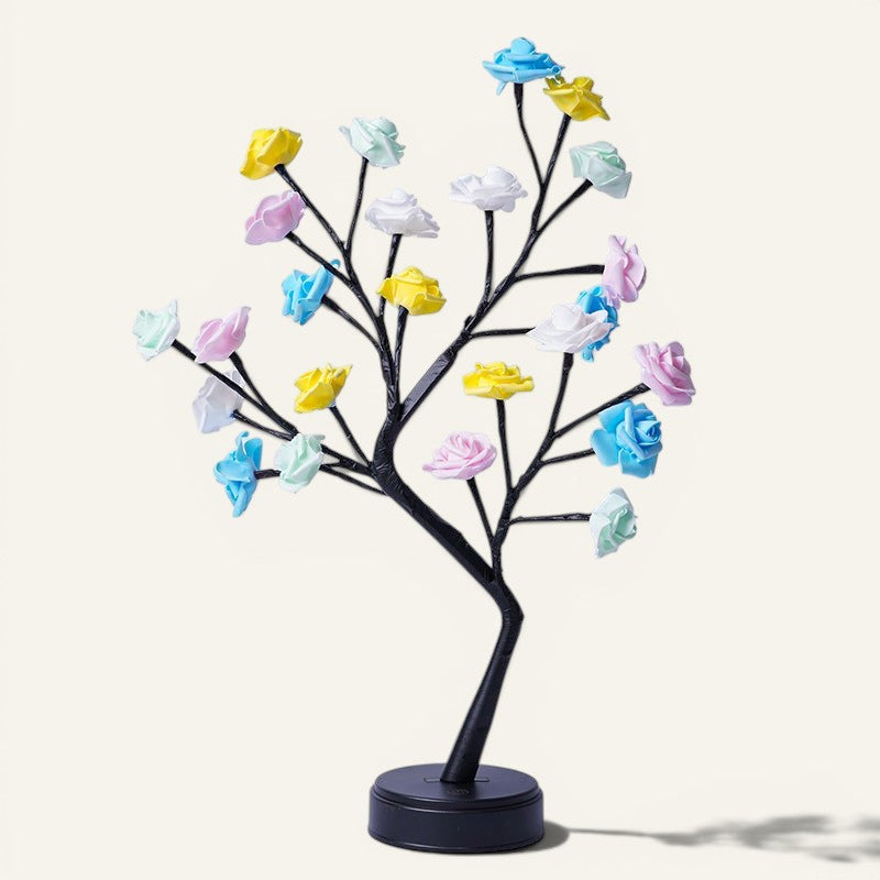 Lampe arbre décorative Lumeoo avec fleurs multicolores LED, idéale pour une ambiance romantique en chambre.