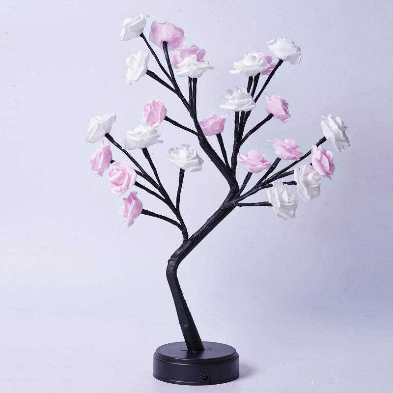 Lampe arbre décorative Lumeoo avec fleurs roses et blanches LED, idéale pour une ambiance romantique en chambre.