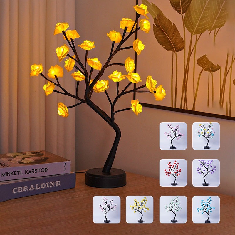 Lampe arbre Lumeoo FLORALIS avec fleurs LED jaunes, design décoratif romantique pour chambre ou mariage, alimentation USB