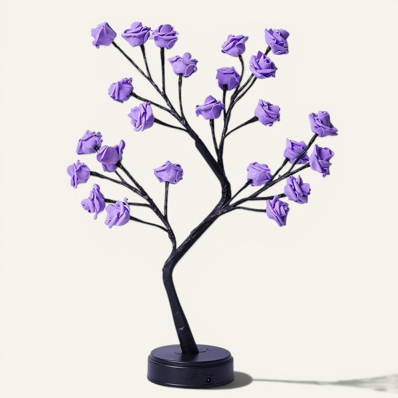 Lampe arbre Lumeoo avec fleurs roses violettes LED, design poétique pour décoration de chambre romantique.