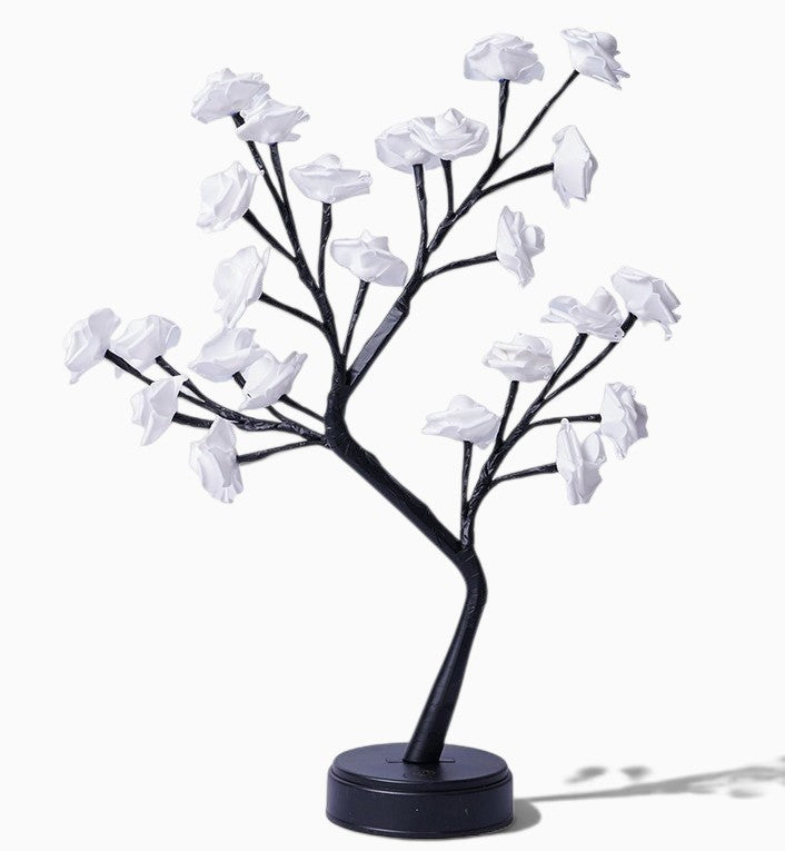 Lampe arbre Lumeoo avec fleurs blanches LED sur branches noires, idéale pour une décoration romantique de chambre