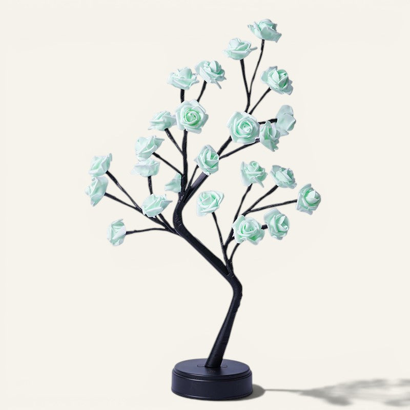 Lampe arbre Lumeoo avec fleurs roses LED, design floral décoratif pour chambre, ambiance romantique et lumineuse.