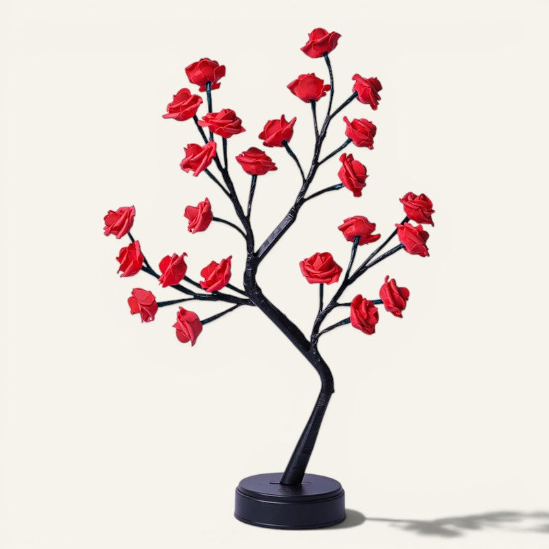 Lampe arbre Lumeoo avec fleurs roses rouges LED, design décoratif romantique pour chambre ou mariage.