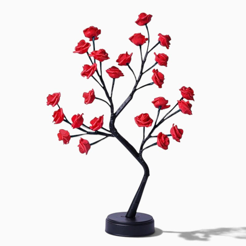 Lampe arbre Lumeoo avec fleurs roses LED rouges sur branches noires pour une décoration romantique et poétique