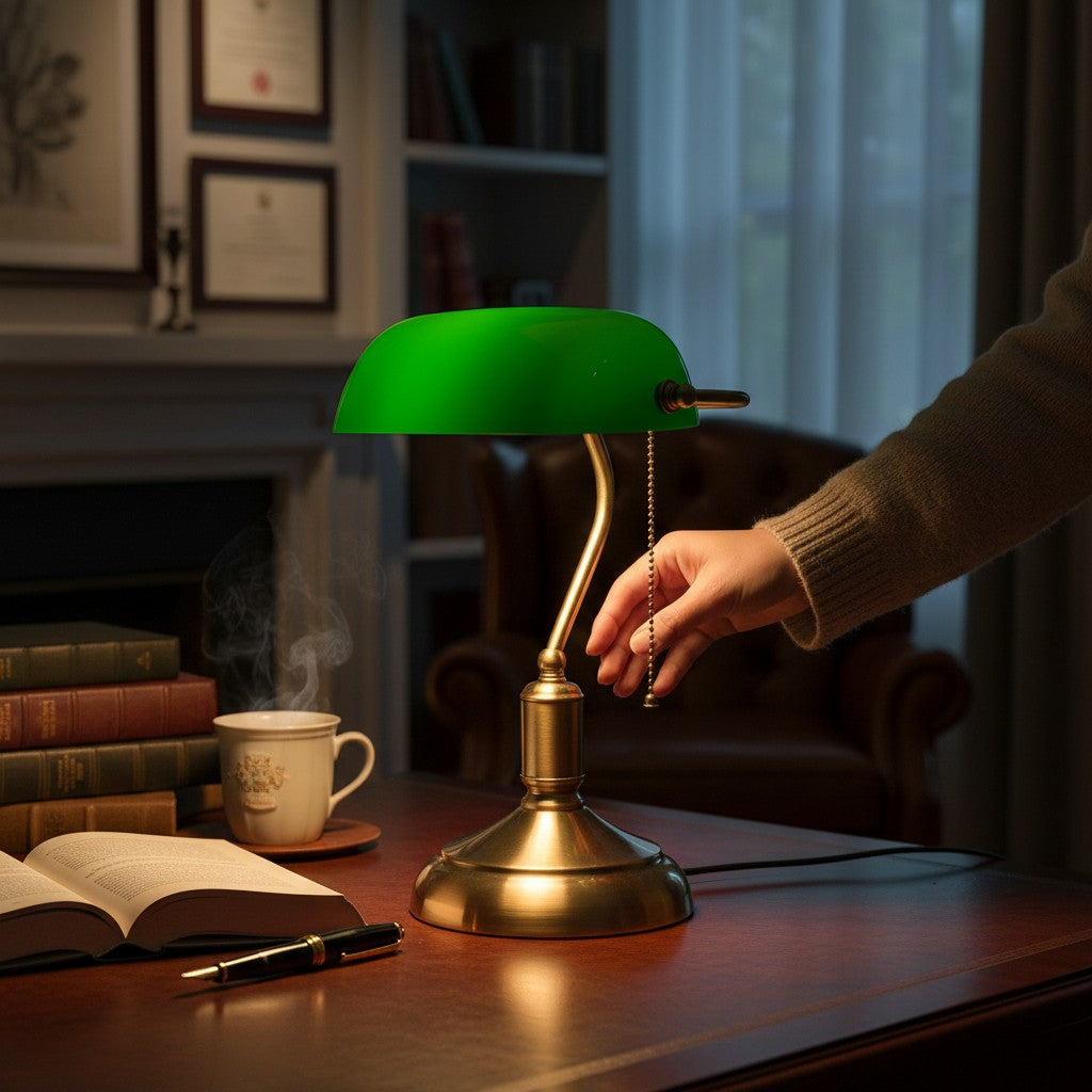 Lampe de bureau banquier Lumeoo avec abat-jour vert et base en laiton doré, style vintage sur un bureau en bois