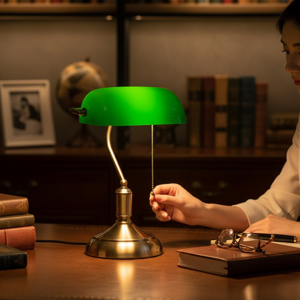Lampe de bureau banquier Lumeoo avec abat-jour vert et pied en laiton vintage sur un bureau en bois