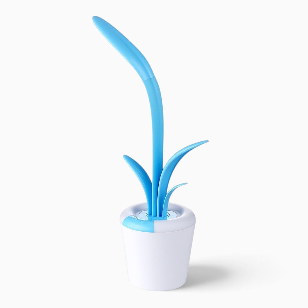 Lampe de bureau LED Lumeoo bleue en forme de plante avec base blanche, tactile et dimmable pour le confort visuel