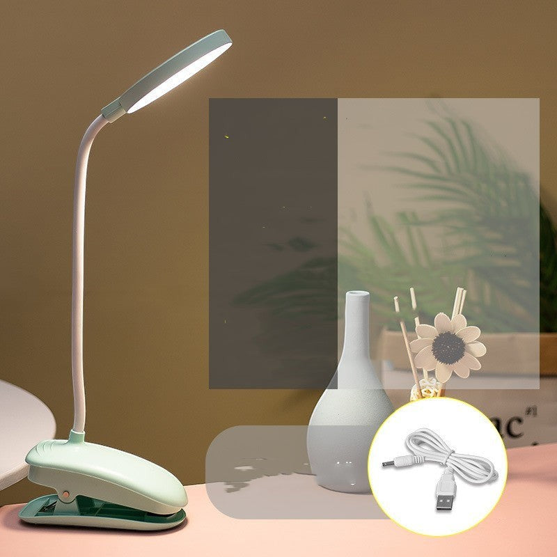 Lampe de bureau LED Lumeoo rechargeable avec clip vert pastel, col flexible et commande tactile pour lecture