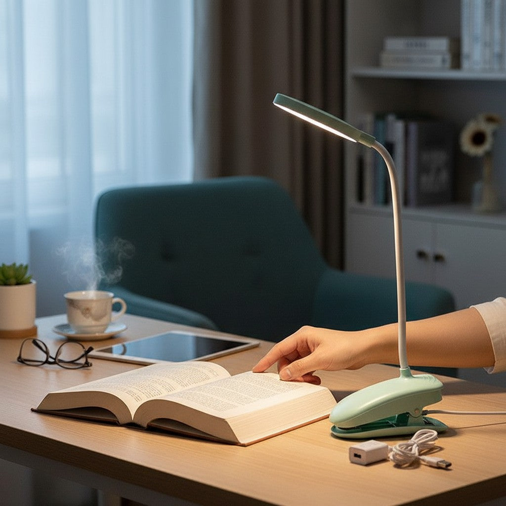 Lampe de bureau LED Lumeoo rechargeable avec clip, couleur vert menthe, utilisée pour lire sur un bureau Image