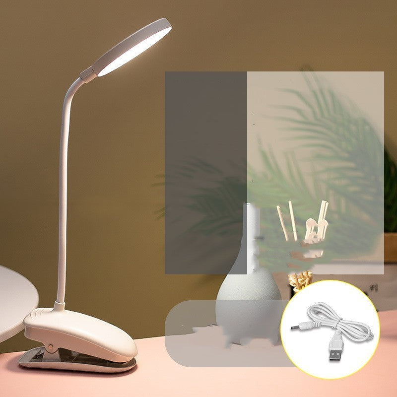 Lampe de bureau LED Lumeoo blanche à clipser, rechargeable par USB, avec contrôle tactile pour la lecture.
