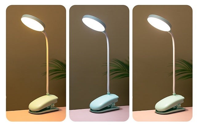 Lampe de bureau LED Lumeoo à clipser, rechargeable USB, avec contrôle tactile et col flexible, en trois coloris pastel