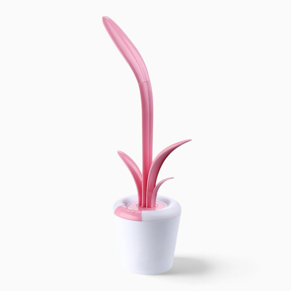 Lampe de bureau LED Lumeoo rose en forme de fleur avec base blanche tactile et design moderne pour le confort visuel