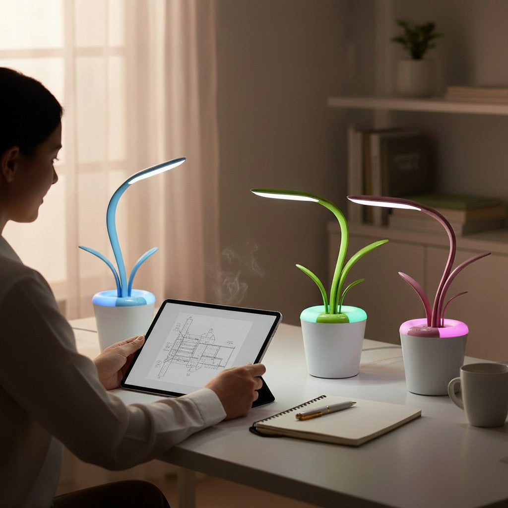 Lampe de bureau LED Lumeoo en forme de fleur, tactile et dimmable, sur un bureau avec une personne travaillant.