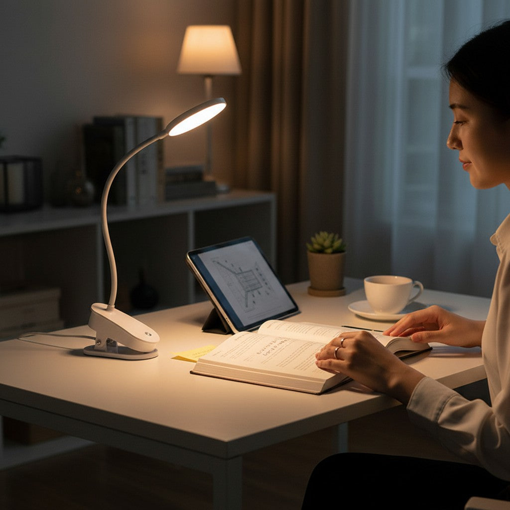 Lampe de bureau LED à pince Lumeoo blanche orientable éclairant une femme lisant un livre sur un bureau moderne