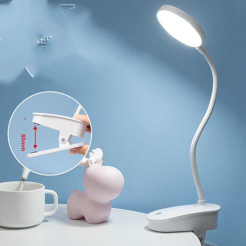 Lampe de bureau LED à pince Lumeoo blanche avec col de cygne flexible, idéale pour la lecture et le travail de bureau.