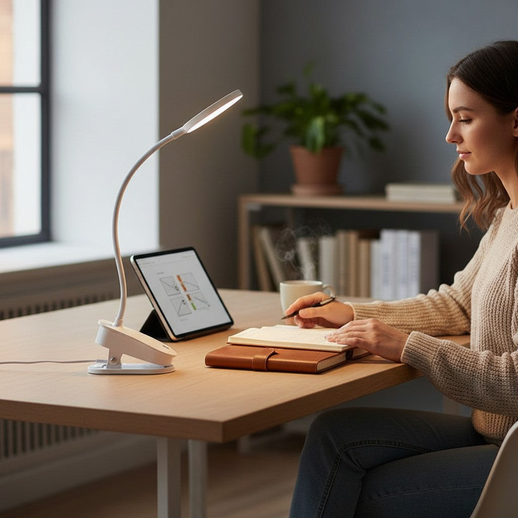 Lampe de bureau LED à pince blanche Lumeoo orientable sur un bureau en bois pour une lecture confortable