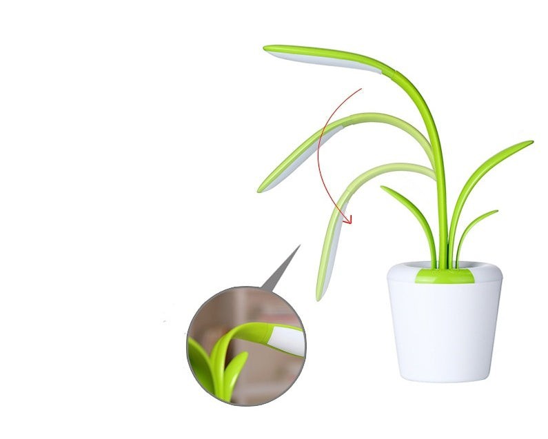 Lampe de bureau Lumeoo VISILEX LED verte en forme de plante, tactile, dimmable et flexible avec base pot de fleur.