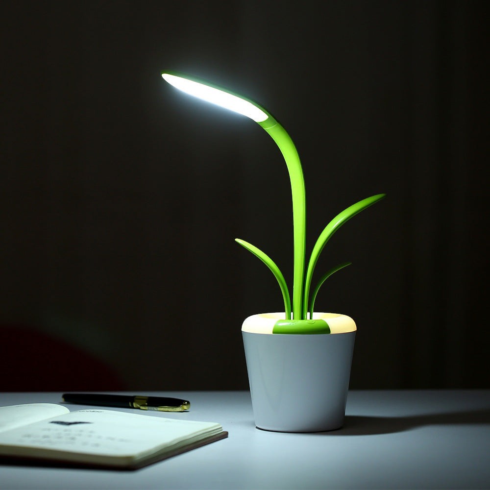 Lampe de bureau Lumeoo LED verte en forme de plante avec éclairage tactile dimmable et base pot de fleur