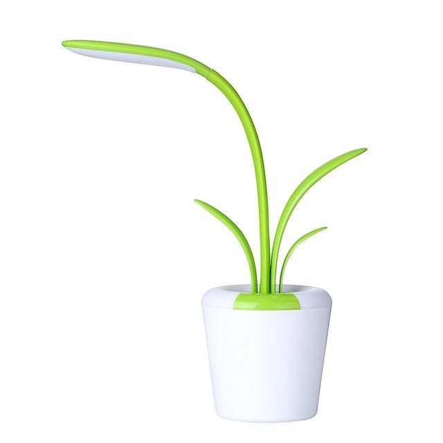 Lampe de bureau Lumeoo LED verte en forme de plante avec base blanche, tactile et dimmable pour un confort visuel.